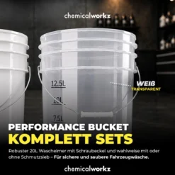 chemicalworkz Wascheimer Set 20 Liter Weiß Transparent + Zubehör Grün Transparent/Schwarz (3-teilig)